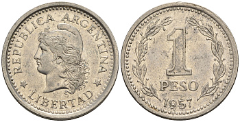 Аргентина 1 песо 1957 голова свободы влево KM 57 сталь плакированная никелем 87-342