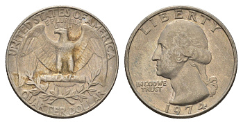 США 25 центов (квотер, 1/4 доллара) 1974 Вашингтон KM 164a медь плакированная медно-никелем 4673-1055