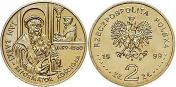 Польша 2 злотых 1999 MW, 500 лет со дня рождения Яна Лаский KM 363 нордик UNC 4521-522