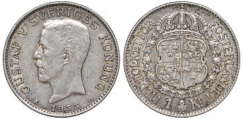 Швеция 1 крона 1933 G, Густав V (1907-1950) KM 786.2 серебро 4178-635