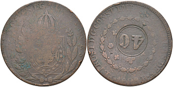 Бразилия 40 рейс 1835 R, провинция ICO, надчеканка на 80 рейсах 1829 Педро I (1822-1831) KM 444.1 медь 00-1067-4-33