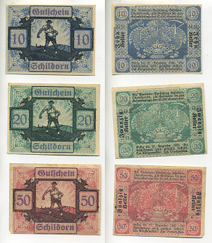 АВСТРИЯ НАБОР ИЗ 3 БАНКНОТ 1920 ДО 31 ДЕКАБРЯ 1920, НОТГЕЛЬД, 10, 20, 50 ГЕЛЛЕРОВ, SCHILDORN бумага XF 7217-8-1