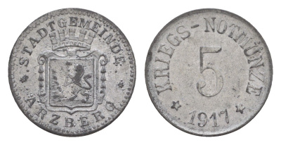 Арцберг 5 пфеннигов 1917 Funck 22.1, Men05 727.1, Men18 982.1 цинк 4639-133