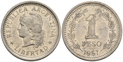 Аргентина 1 песо 1957 голова свободы влево KM 57 сталь плакированная никелем 87-342