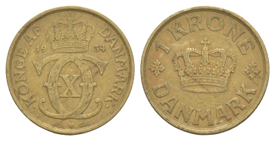Дания 1 крона 1934 N, Кристиан X (1912-1947) KM 824 алюминиевая бронза 4654-735