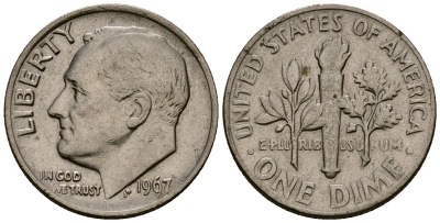 США 10 центов (дайм) 1967 Рузвельт KM 195a медь плакированная медно-никелем 4164-936