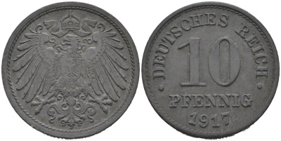 Германия 10 пфеннигов 1917 KM 26, J. 299, Weege 8 цинк 92-324