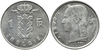 БЕЛЬГИЯ 1 ФРАНК 1977 BELGIE KM 143.1 медно-никель 4379-645