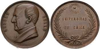 Чили медаль ND Андрес Бельо, основатель Чилийского университета, медальер Venegas, диаметр 38 мм. бронза 1095-8-44