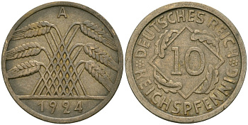 Германия 10 рейхспфеннигов 1924 A KM 40, J.317, Weege 9 алюминиевая бронза 4576-849