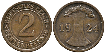 ГЕРМАНИЯ 2 РЕНТЕНПФЕННИГА 1924 E KM 31, J. 307 бронза 24-533