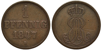 Ганновер 1 пфенниг 1847 B, Эрнст Август (1837-1851) KM 201.1 медь 1517-635