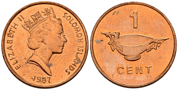 Соломоновы острова 1 цент 1987 Елизавета II (1953-) KM 24 сталь плакированная бронзой aUNC 4602-854