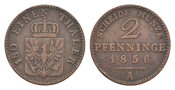 Пруссия 2 пфеннига 1856 A, Фридрих Вильгельм IV (1840-1861) KM 452, Jaeger 51, Olding 336, AKS 91 медь 4651-252