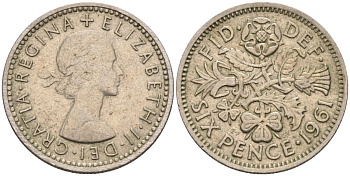 Великобритания 6 пенсов 1961 Елизавета II (1952-2022) KM 903, Spink 4149 медно-никель 4594-352