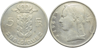 БЕЛЬГИЯ 5 ФРАНКОВ 1963 BELGIQUE KM 134.1 медно-никель 3999-923