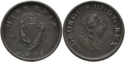 Ирландия 1/2 пенни 1805 Георг III (1760-1820) KM 147.1 медь 1519-141