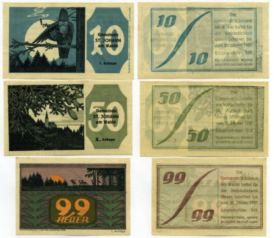 Австрия, Санкт-Йохан-ам-Вальде набор из 3 банкнот 10, 50, 99 геллеров 1921 21 января 1921, нотгельд, 1 AUFLAGE, земля Верхняя Австрия   бумага  аUNC 000-00-00