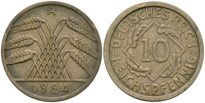 Германия 10 рейхспфеннигов 1924 A KM 40, J.317, Weege 9 алюминиевая бронза 4576-849