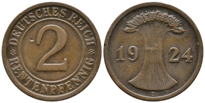 ГЕРМАНИЯ 2 РЕНТЕНПФЕННИГА 1924 E KM 31, J. 307 бронза 24-533