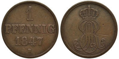 Ганновер 1 пфенниг 1847 B, Эрнст Август (1837-1851) KM 201.1 медь 1517-635