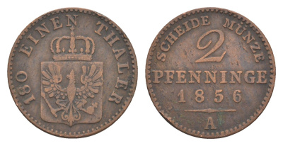 Пруссия 2 пфеннига 1856 A, Фридрих Вильгельм IV (1840-1861) KM 452, Jaeger 51, Olding 336, AKS 91 медь 4651-252