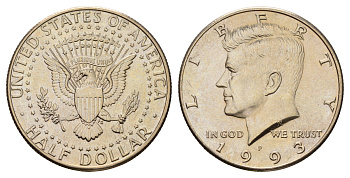 США 1/2 доллара (50 центов) 1993 P, Джон Кеннеди KM A202b медь плакированная медно-никелем UNC 4672-713