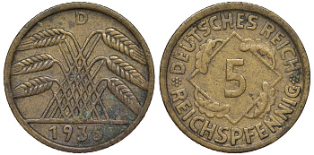 Германия 5 рейхспфеннигов 1935 D KM 39, J. 316 алюминиевая бронза 4602-1229