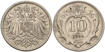 Австрия 10 геллеров 1908 Франц Иосиф (1848-1916) KM 2802 никель 4152-124