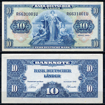 ФРГ 10 марок 1949 22 августа 1949, Франкфурт-на-Майне Pick 16 a, Розенберг 258  бумага  aUNC 451-557-1