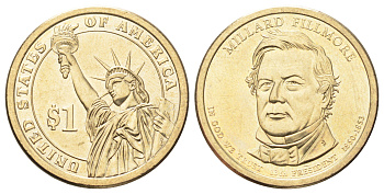 США 1 доллар 2010 Президент США - Миллард Филлмор (1850-1853) KM 475 медь с марганцево-латунным покрытием UNC 4666-956