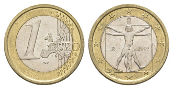 Италия 1 евро 2002 Витрувианский человек KM 216 биметалл 4629-425