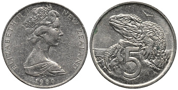 Новая Зеландия 5 центов 1980 ящерица гаттерия, Елизавета II (1952-) KM 34.1 медно-никель 220-442
