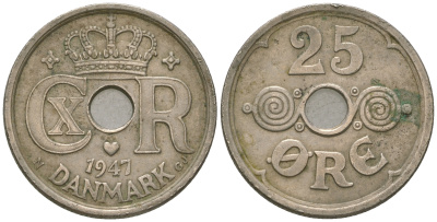 Дания 25 эре 1947 Кристиан X (1912-1947), редкий год KM 823.2 медно-никель 4635-836