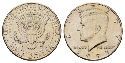 США 1/2 доллара (50 центов) 1993 P, Джон Кеннеди KM A202b медь плакированная медно-никелем UNC 4672-713
