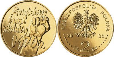 Польша 2 злотых 2000 MW, волнения 1970-1971 годов, 30-ая годовщина KM 404 нордик  UNC  4521-946