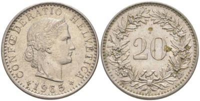 ШВЕЙЦАРИЯ 20 РАППЕНОВ 1965 В KM 29a медно-никель 55-837