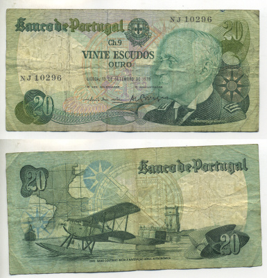 ПОРТУГАЛИЯ 20 ЭСКУДО 1978 4 ОКТЯБРЯ 1978, АДМИРАЛ ГЭГО КУТИНЬО, САМОЛЕТ, АЭРОПЛАН Pick 176а бумага 7552-35-3