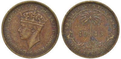 Британская Западная Африка 1 шиллинг 1943 Георг VI KM 23 никель латунь 25-1645