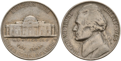 США 5 центов 1964 Джефферсон KM A192 медно-никель 4156-615