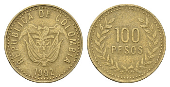 Колумбия 100 песо 1992 KM 285 латунь 4663-451