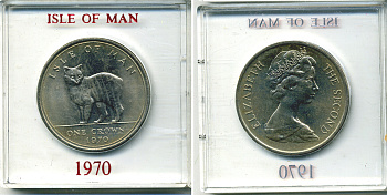 Остров Мэн 1 крона 1970 кошка Мэна, в оригинальной пластиковой коробке KM 18 медно-никель UNC 6-6-1-28