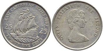 Восточно-Карибские штаты 25 центов 1987 Елизавета II (1952-2022), парусник KM 14 медно-никель 87-832