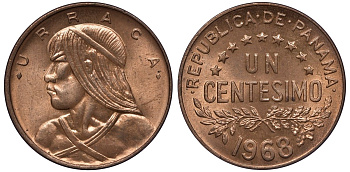 Панама 1 сентесимо 1968 Уррака KM 22 бронза UNC M53-20