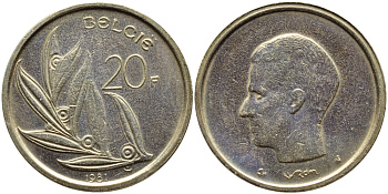 БЕЛЬГИЯ 20 ФРАНКОВ 1981 BELGIE KM 160 никель бронза 75-732