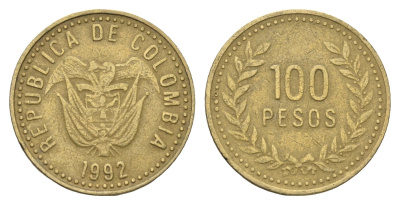 Колумбия 100 песо 1992 KM 285 латунь 4663-451