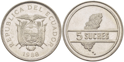 ЭКВАДОР 5 СУКРЕ 1988 ГРОЗДЬ БАНАНОВ KM 91 сталь плакированная никелем 31-424
