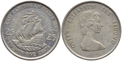 Восточно-Карибские штаты 25 центов 1987 Елизавета II (1952-2022), парусник KM 14 медно-никель 87-832