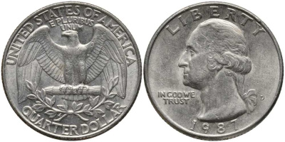США 25 ЦЕНТОВ = КВОТЕР 1987 D, ВАШИНГТОН KM А164а медь плакированная медно-никелем 113-533