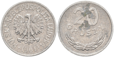 Польша 20 грошей 1961 MW KM А47, Parchimowicz 208b алюминий 106-431